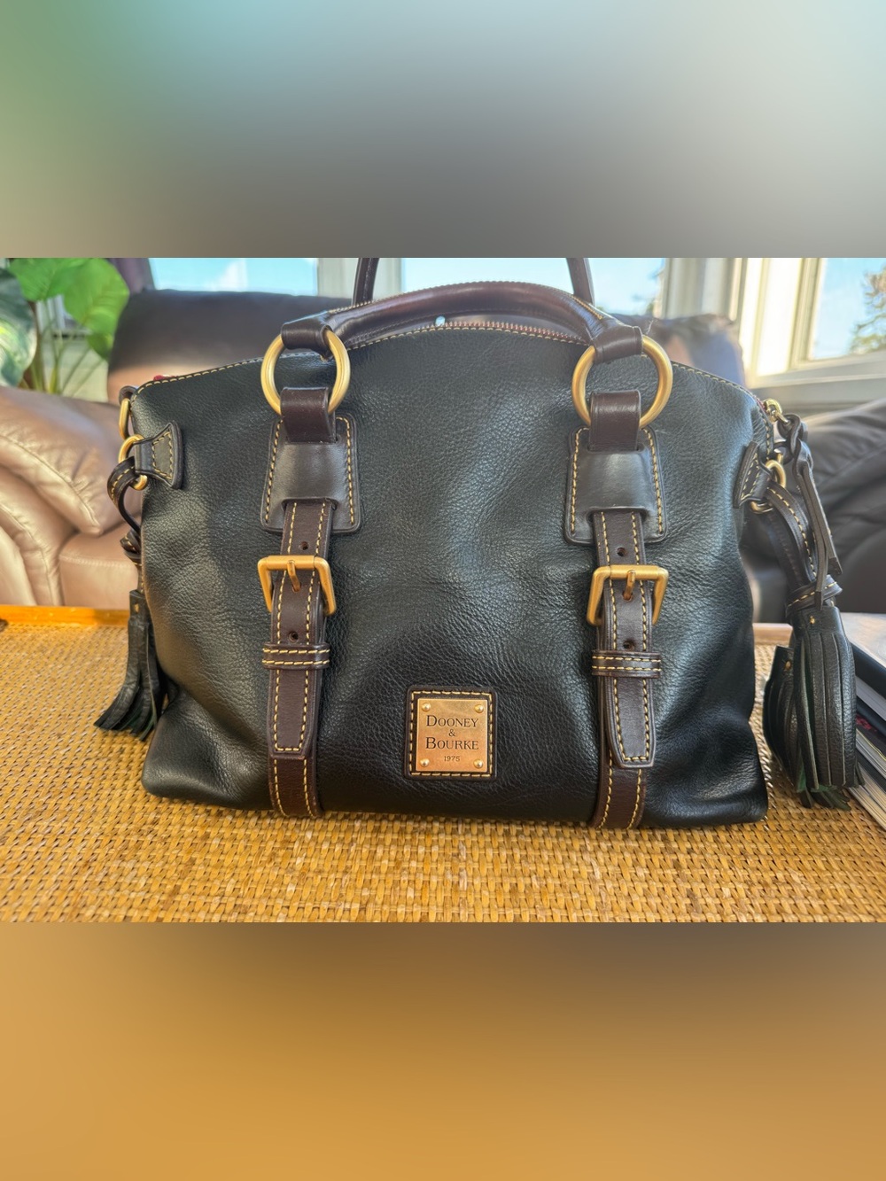 Dooney & Bourke Black Leather Satchel with Brown Trim